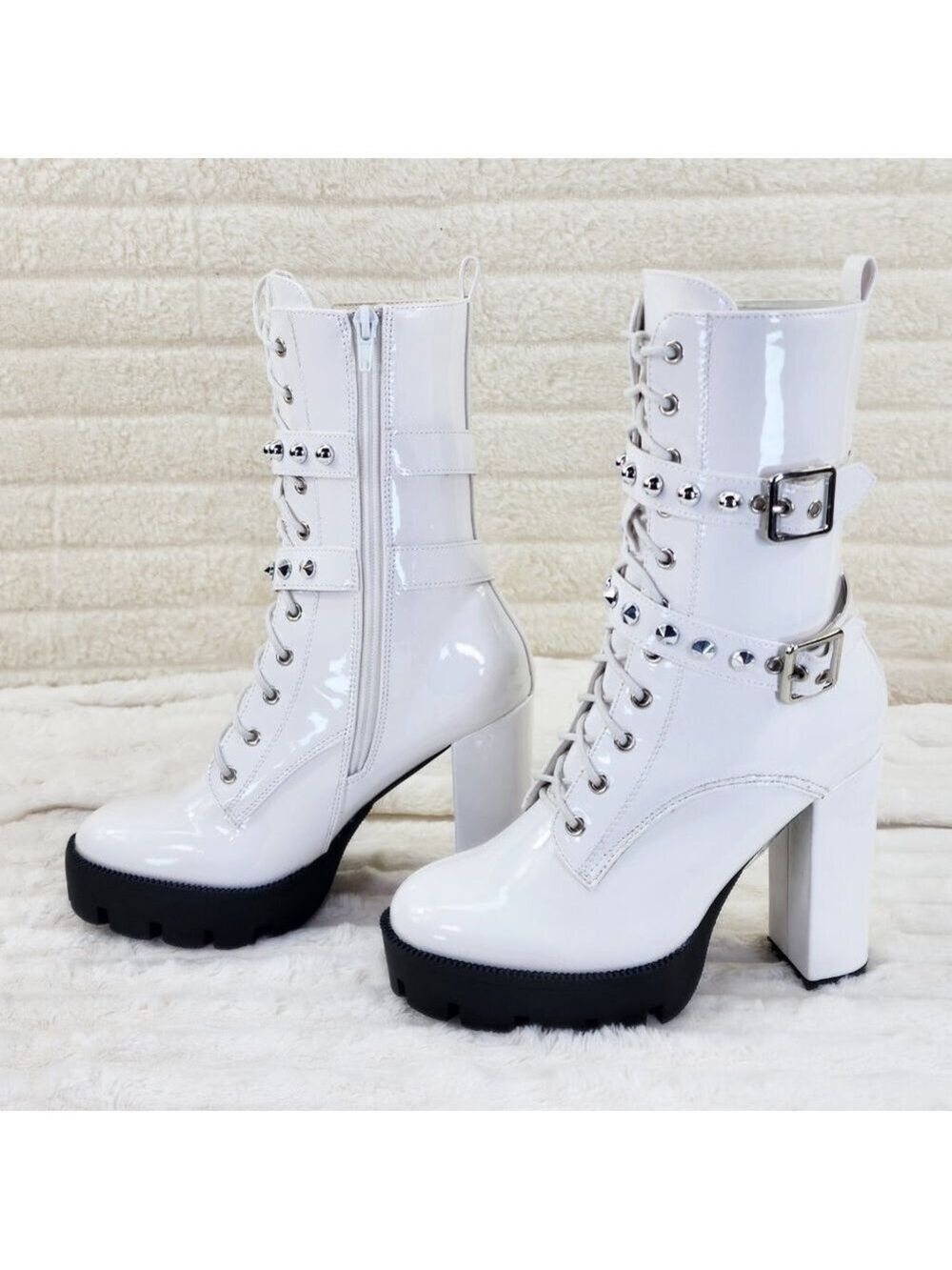 Bright White Patent Lug Sole Studded Strap Ankle Boots Temptress